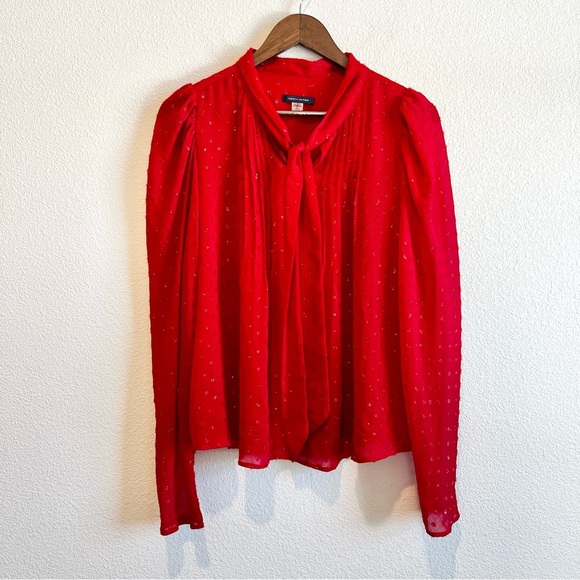 Tommy Hilfiger Red Clip Dot Pleated Tie Neck Blouse Large Holiday Work Top - Picture 3 of 12